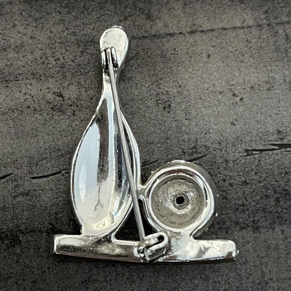 Vintage Bowling Ball & Pin Green Rhinestone Brooch, Rhodium Plated Retro Unique - Picture 2 of 6